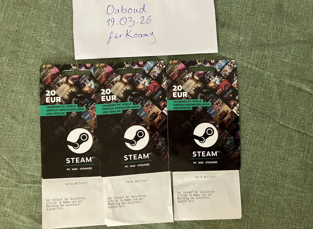 3x 20€ Steam-Karten (Wert 60€) für 48€ – Nur Abholung